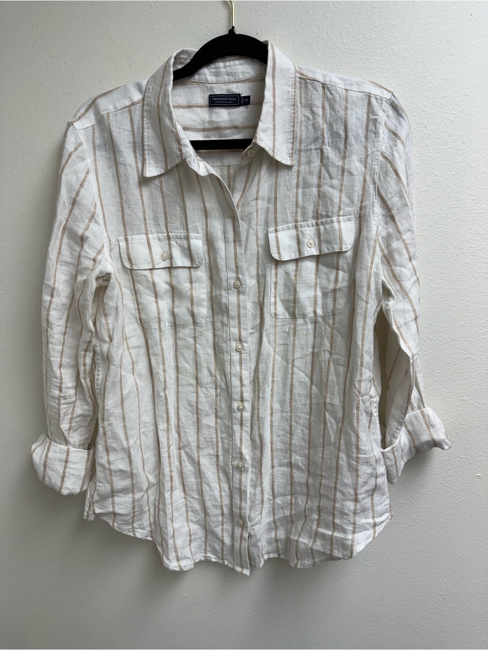 Vineyard Vines 100% linen Cream Button-Down Shirt with Tan Stripes